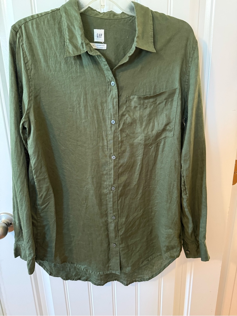 GAP Olive Button-Front Boyfriend Shirt